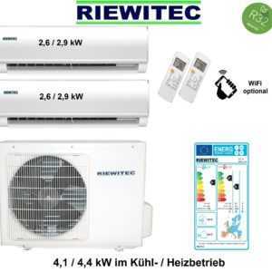 Dual MultiSplit (2 x 2,6 KW) RIEWITEC Klimaanlage 4,1 / 4,4 KW, A+/A, mit R32 ; EEK A++