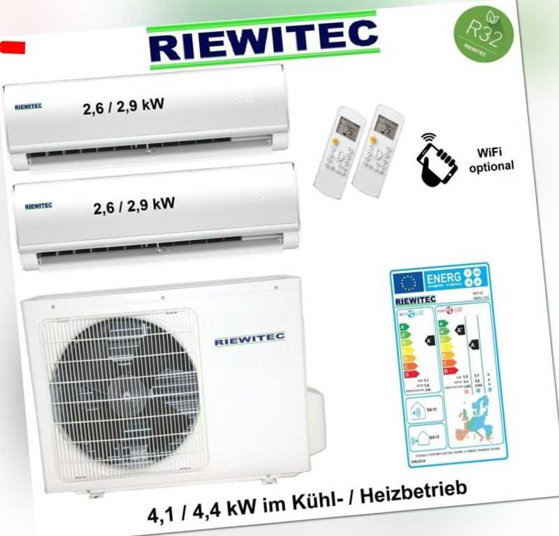 Dual MultiSplit (2 x 2,6 KW) RIEWITEC Klimaanlage 4,1 / 4,4 KW, A+/A, mit R32 ; EEK A++