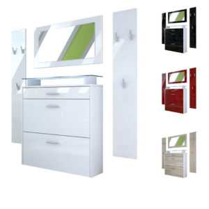 Garderobenset Flur Garderobe Diele Set Malea Weiß Spiegel Schuhschrank Hochglanz