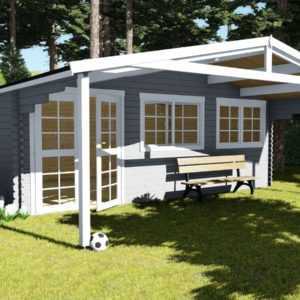 Gartenhaus aus Holz mit Vordach 2.1M, Blockhaus 6x3M + 2.1M, 40mm Madrid 40010OF