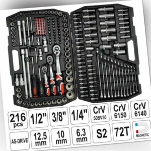 Yato Werkzeugkoffer Set 216tlg Ratschen Steckschlüssel 1/4" 1/2" 3/8" Langnüsse