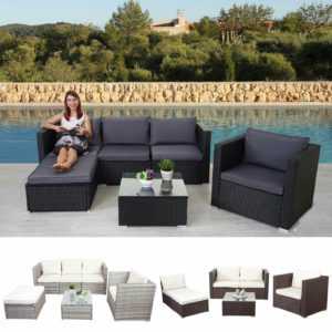 Poly-Rattan-Garnitur Brescia, Gartengarnitur Sitzgruppe Lounge-Set, grau schwarz