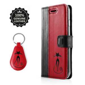 SURAZO Echtes Leder Handyhülle Flip Wallet Case Cover Etui Schwarz/Rot mit Katze