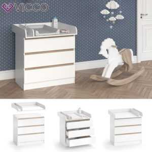 VICCO Wickelkommode Emma - Baby Wickeltisch Kommode mit 3 Schubladen Weiß Sonoma