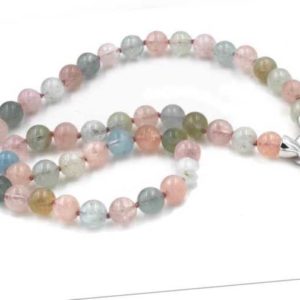 Morganit Aquamarin Beryll Edelstein Collier geknotet mit 925 Design Schließe