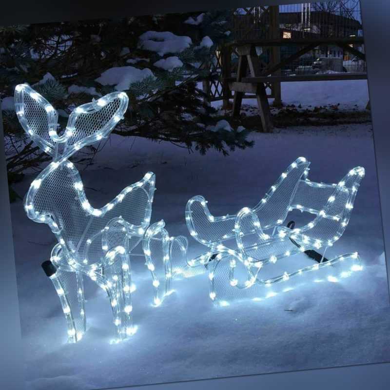 LED Rentier mit Schlitten für innen außen beleuchtet LED kaltweiß Weihnachten