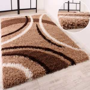 Shaggy Teppich Hochflor Langflor Gemustert in Braun Beige Creme