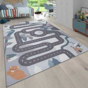 Kinder-Teppich, Spiel-Teppich Für Kinderzimmer Straßen-Motiv Mit Tieren Creme