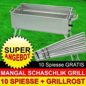 MANGAL Edelstahl MEGA - Schaschlik GRILL + 10 SPIESSE + Grillrost - Holzkohle