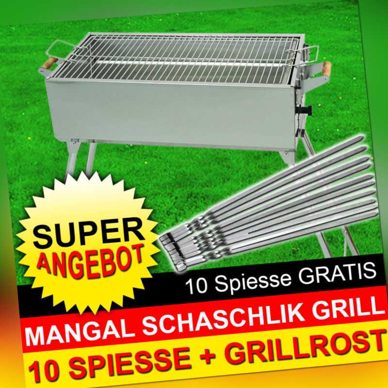 MANGAL Edelstahl MEGA - Schaschlik GRILL + 10 SPIESSE + Grillrost - Holzkohle
