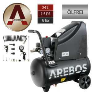 Arebos 8bar Druckluft Kompressor ölfrei 24L 1100W inkl. 14-Teile Druckluft-Set
