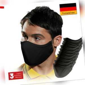 Mundmaske 10 Stk. Schwarz Waschbar 100% Baumwolle 3 Lagig Atemschutz (B10MASSAF)