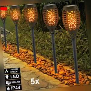 5er Set LED Solar Fackel Leuchten Außen Deko Feuer Effekt Garten Steck Lampen