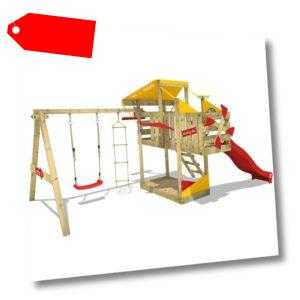 WICKEY Spielturm Kletterturm AirFlyer Spielhaus mit Schaukel und roter Rutsche