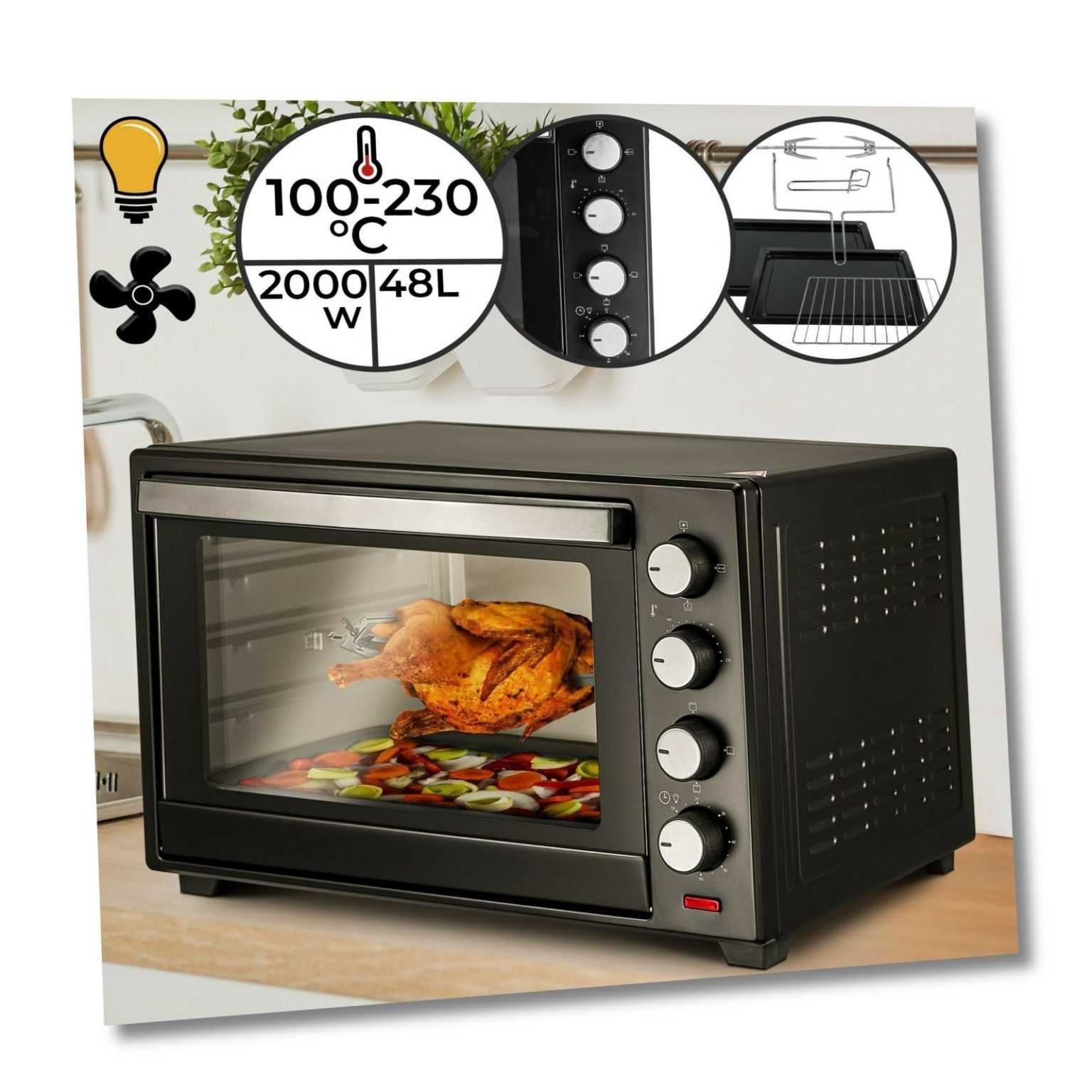 Minibackofen mit Umluft Drehspieß 48L 2000W Grill Mini Ofen...