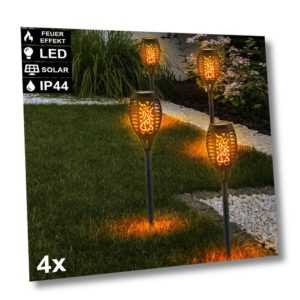 4er Set LED Solar Steck Fackel Lampen Feuer Effekt Deko Außen Leuchten Garten