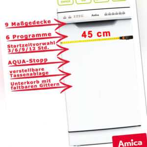 Amica Geschirrspüler 45cm unterbaufähig 9 Maßgedecke Spülmaschine...