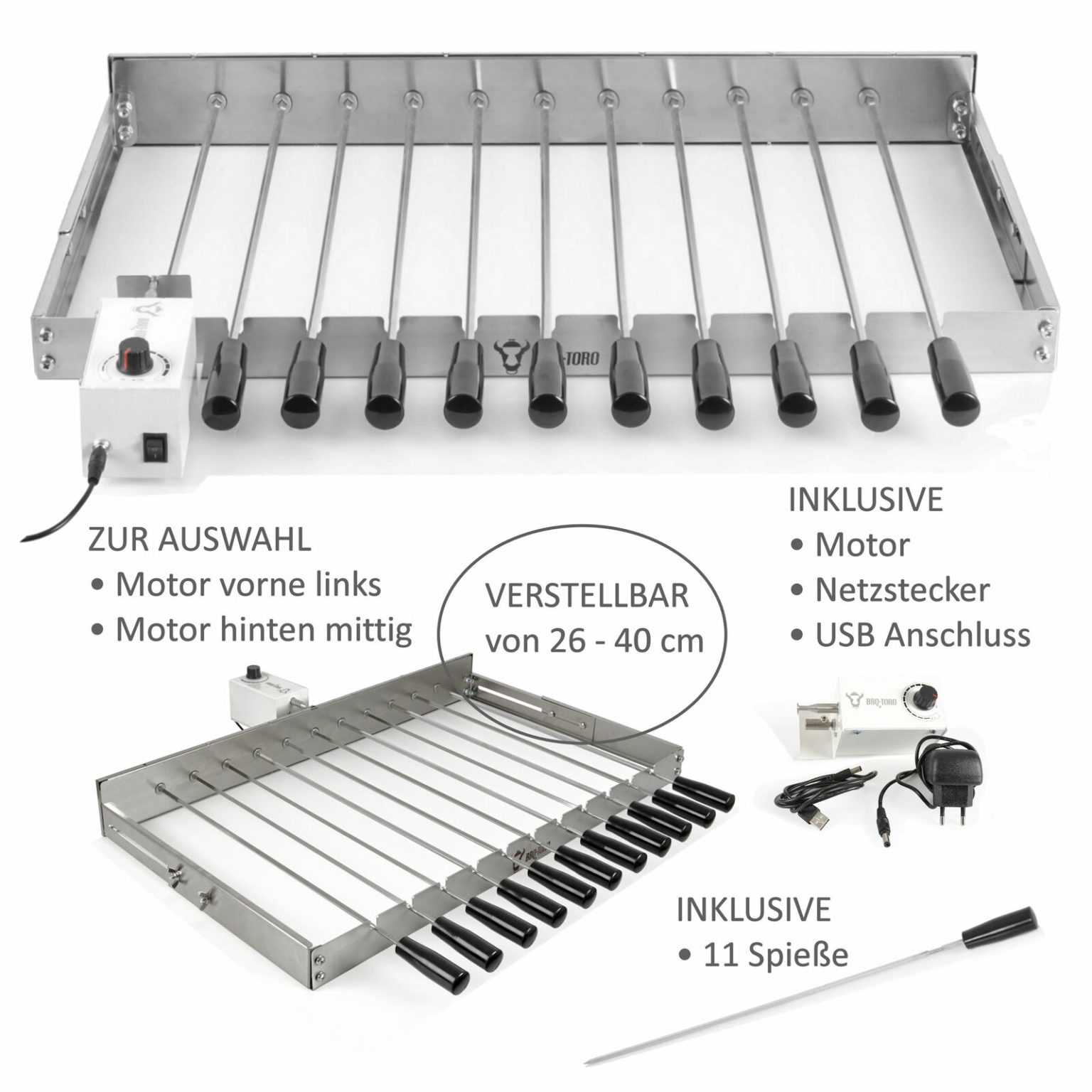 BBQ-Toro Edelstahl Spiessdreher Mangal Schaschlik mit 11 Spießen Motor USB