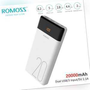 ROMOSS Power Bank 20000mAh Externer Akku Pack 2 USB LED Schnell Handy Ladegerät