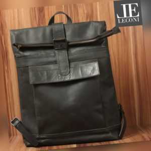 LECONI großer Rucksack Lederrucksack Damen Herren Roll-Top Leder schwarz LE1022