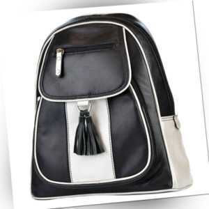 Rucksack Leder Damen Echtleder Vollleder Damentasche schwarz silber WOODBAG