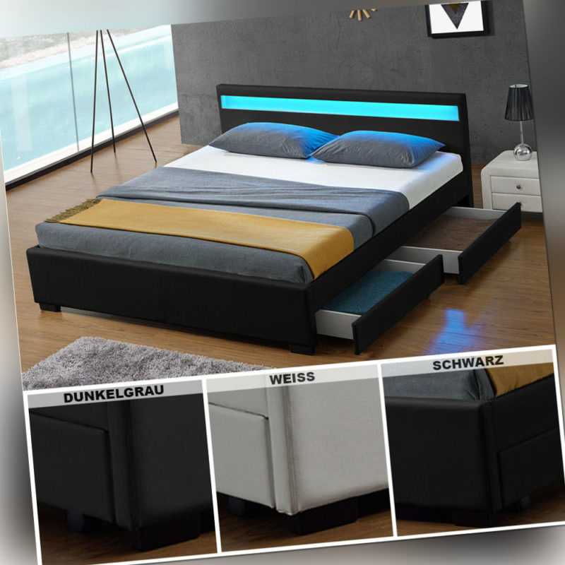 Polsterbett Kunstlederbett Doppelbett Lederbett mit Bettkasten LED Bett ArtLife®