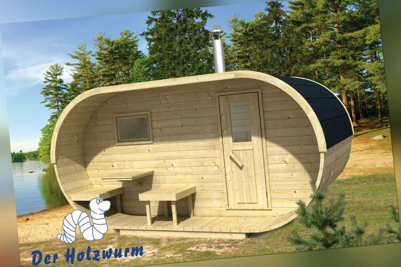 Sauna Oval Holz 405x240 cm 28/42 mm Ofen Holzofen Elektroofen Fichte Neu