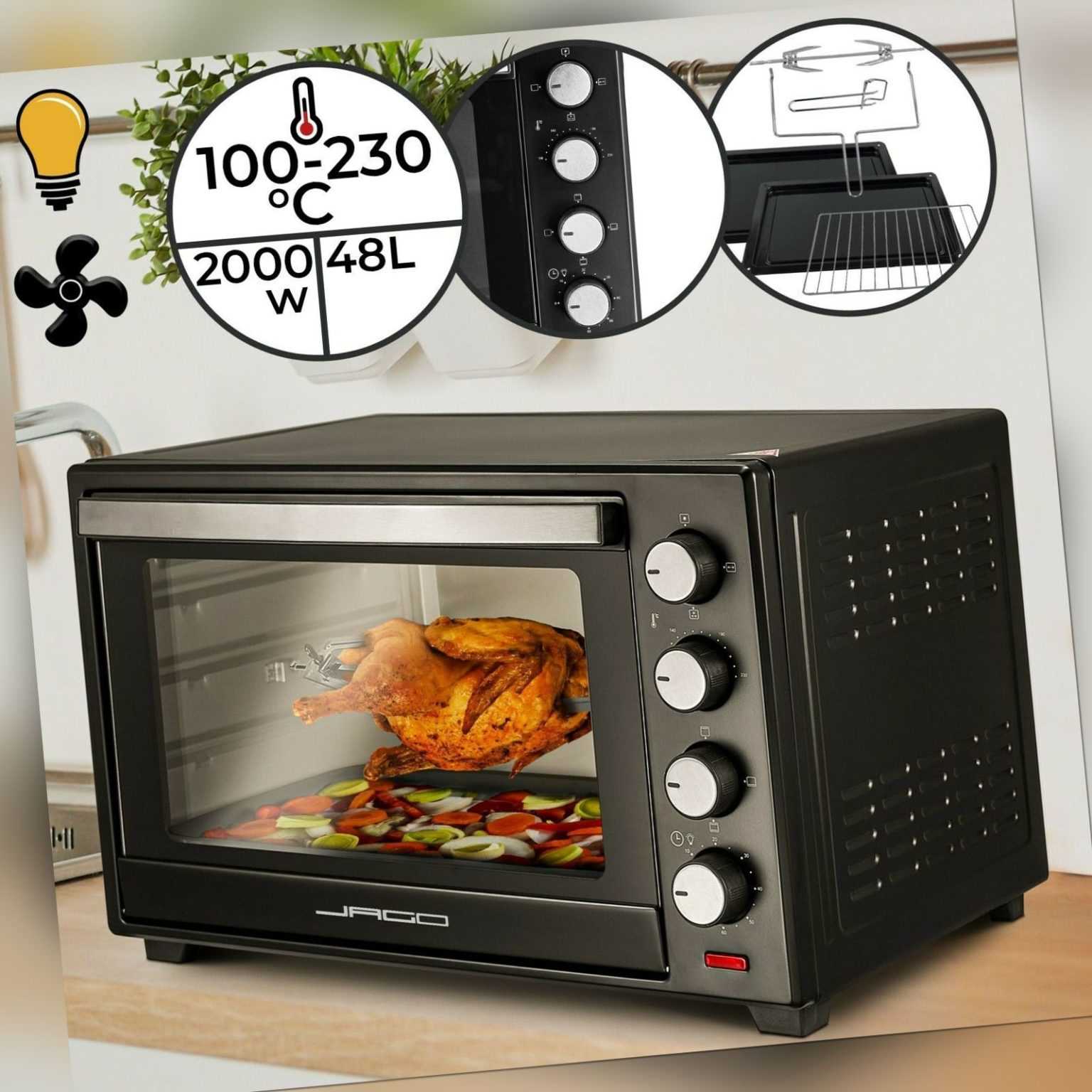 Minibackofen mit Umluft Drehspieß 48L 2000W Grill Mini Ofen Toastofen Pizzaofen