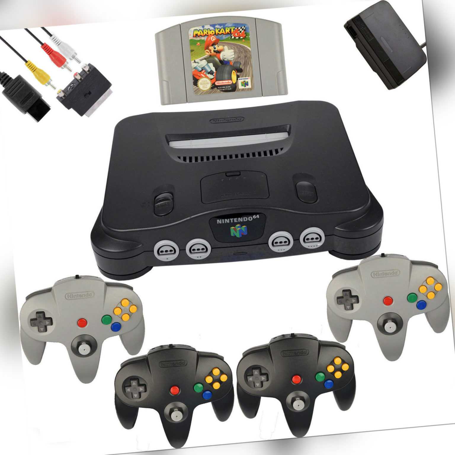 Nintendo 64 / N64 - Konsole + 4 Original Controller + alle Kabel + Mario Kart 64