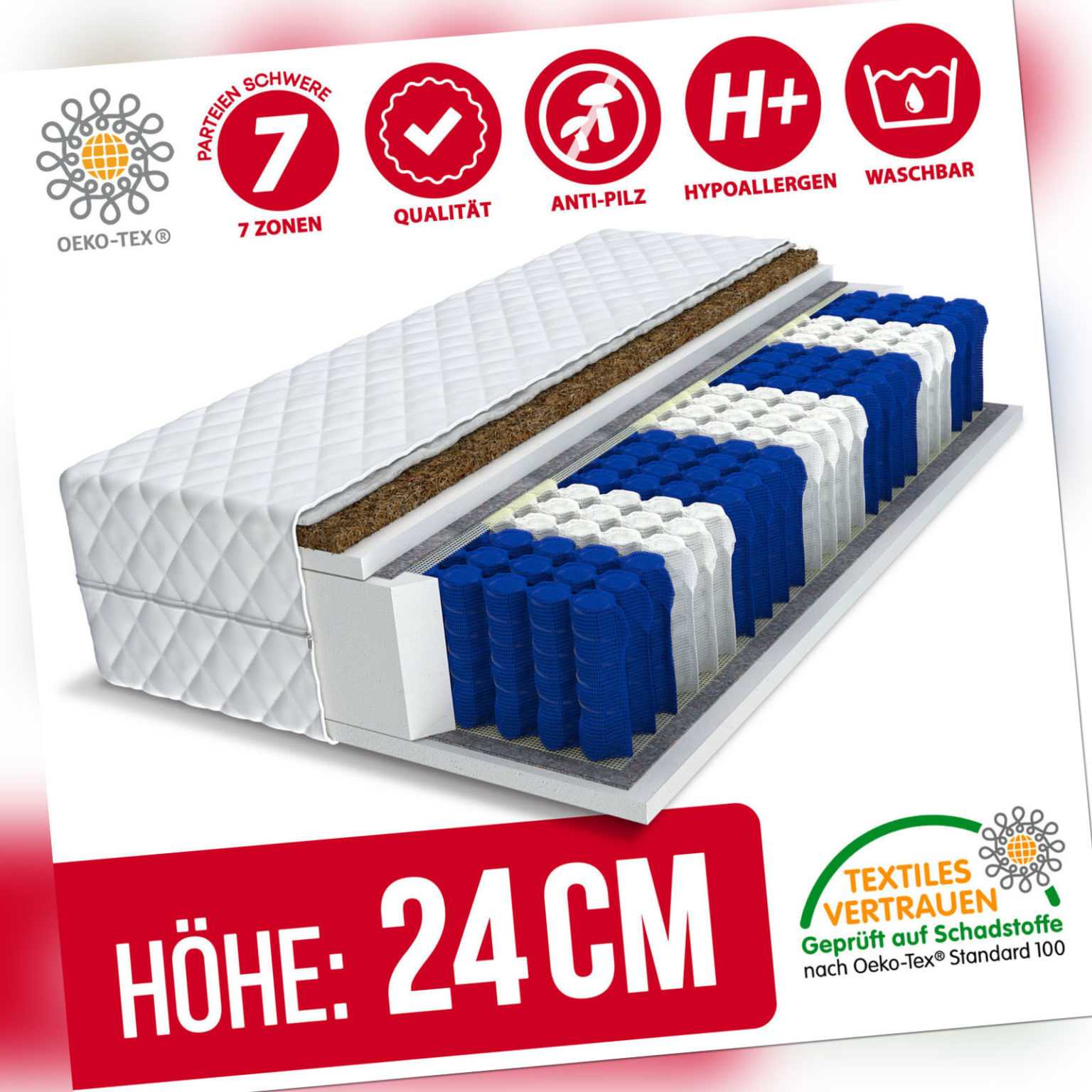 Matratze 90x200 Taschenfederkern H3 und H4 HOME MAX 7 Zonen Kokos Bett Matratze