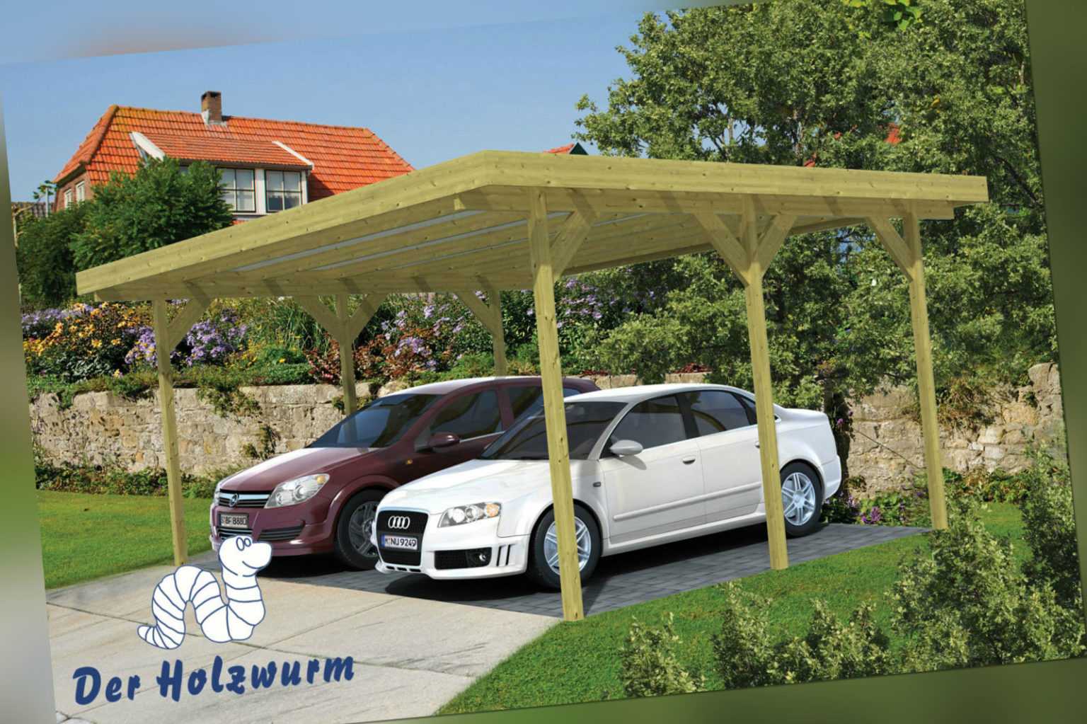 Doppelcarport Dubbel 600x500 cm Holz Carport Unterstand 12 x 12 cm Pfosten Neu