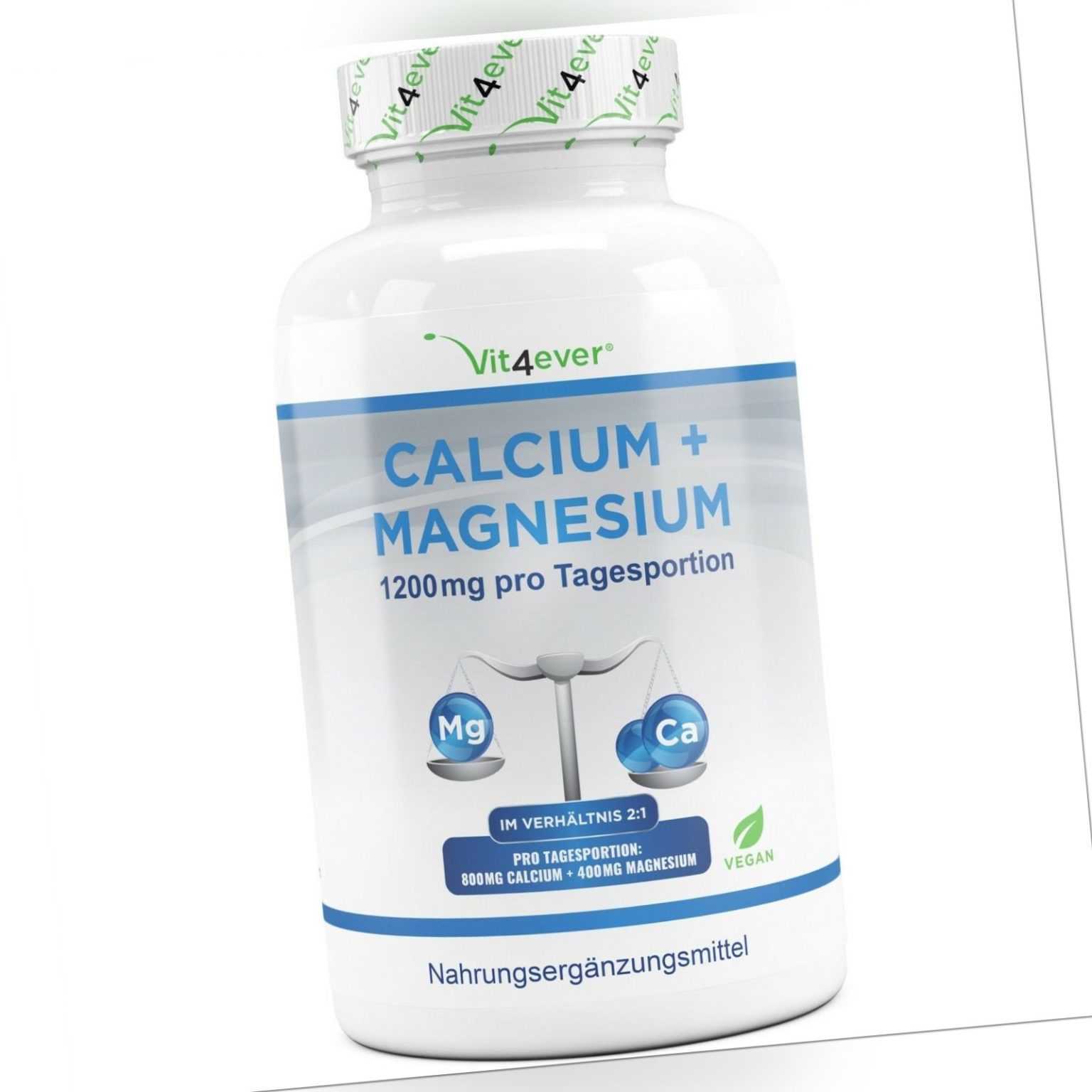 Calcium + Magnesium - 365 Tabletten - 1200 mg pro Tag - Vegan - Hochdosiert