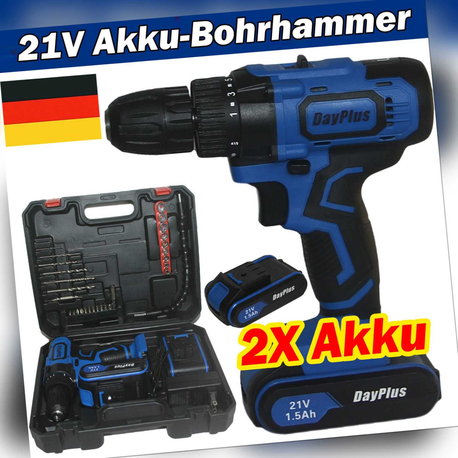 21V Akku Schlagbohrschrauber Akkuschrauber Bohrmaschine 2 Gang LED Akku Bohrer