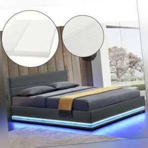 Polsterbett Kunstlederbett LED Doppelbett Matratze Dunkelgrau 180x200cm ArtLife®