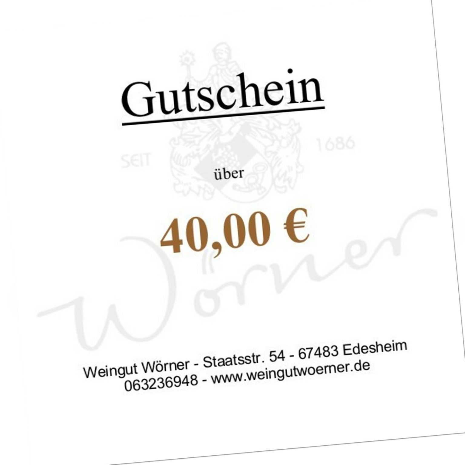 Gutschein Einkaufsgutschein Geschenkgutschein 40€ Weingut Wörner Edesheim Pfalz