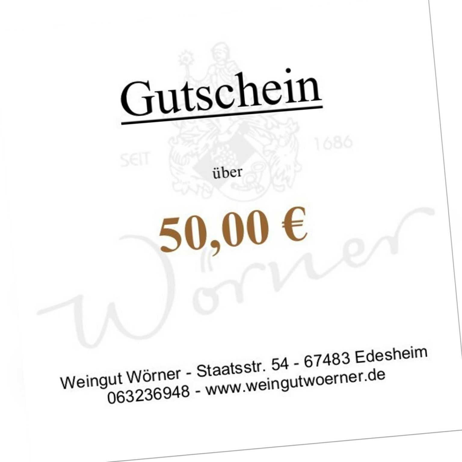 Gutschein Einkaufsgutschein Geschenkgutschein 50€ Weingut Wörner Edesheim Pfalz
