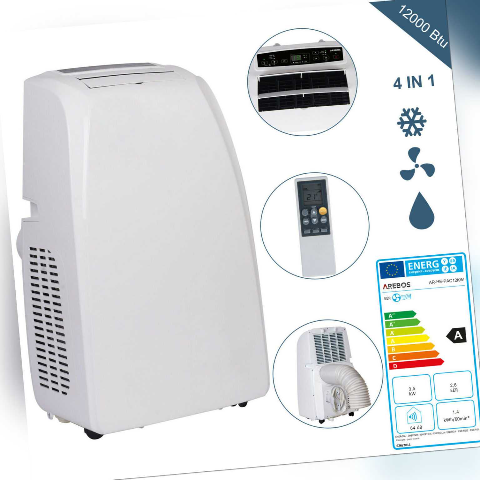 4in1 Mobile Klimaanlage 3,5kW/12000 BTU Klimagerät Kühlen Entfeuchten Ventilator