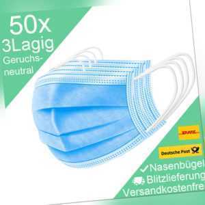 50x Dreilagige Atemschutzmaske aus Vlies in Blau Mundschutz Gesichtsmaske