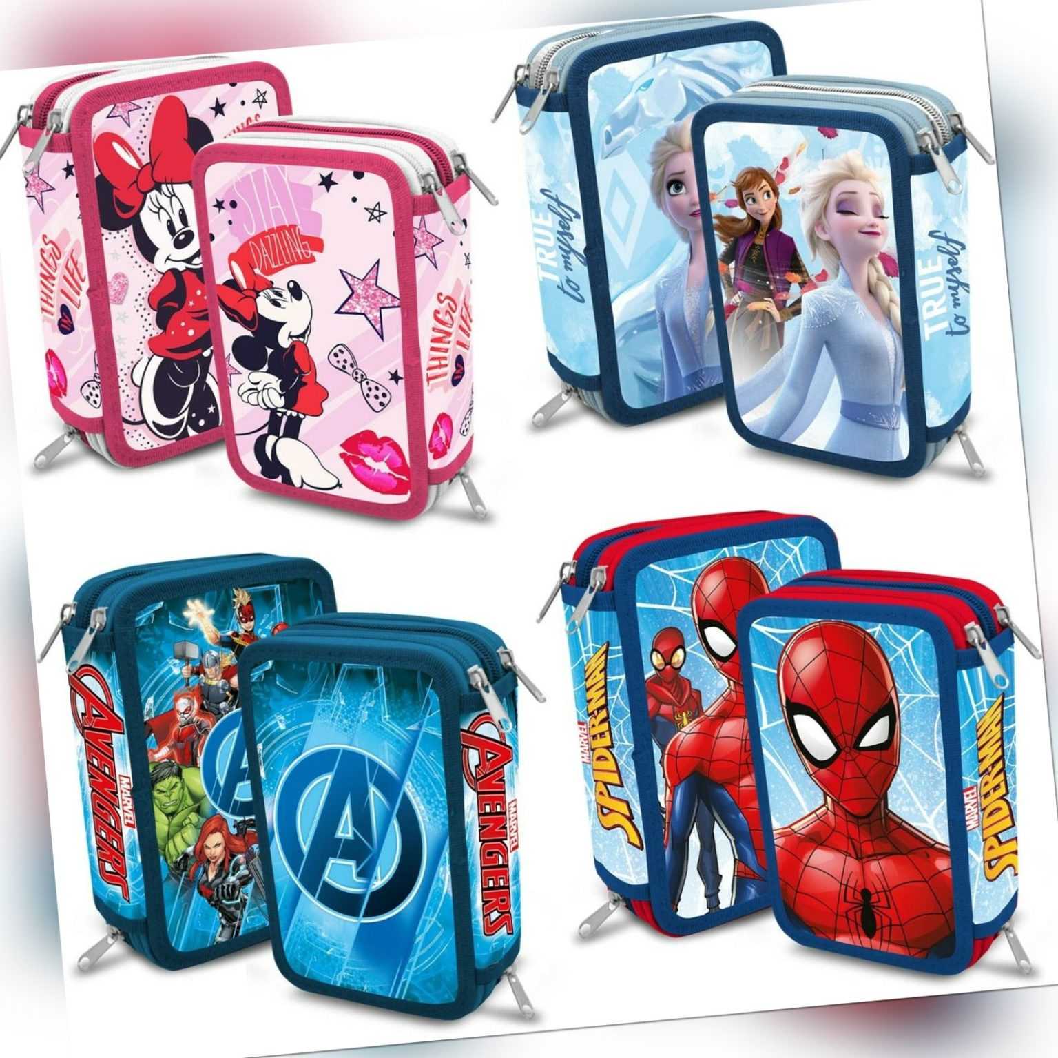 Federmappe 3 fach Schul Federtasche gefüllt Kinder 43 Teilig Frozen SpiderMan