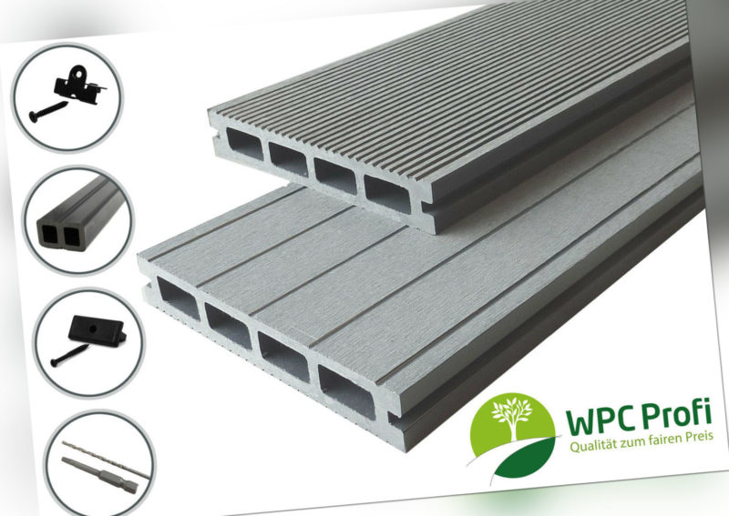 WPC Profi Terrassendielen Premium Diele 25mm Steingrau Grau Bausatz 12 - 72 m²