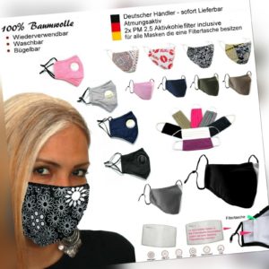 Mundmaske Waschbar Atemmaske 100% Baumwolle + 2x Mundschutz Filter Stoff Maske