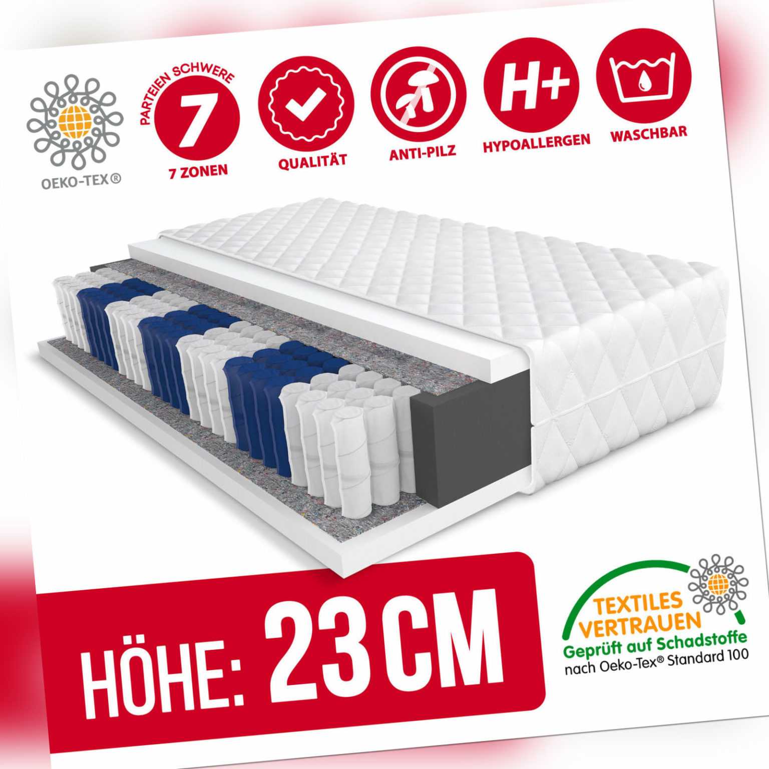 Matratze 90x200 Taschenfederkern 7 Zonen H3 METIS MAX Höhe 23 cm Kaltschaum Bett