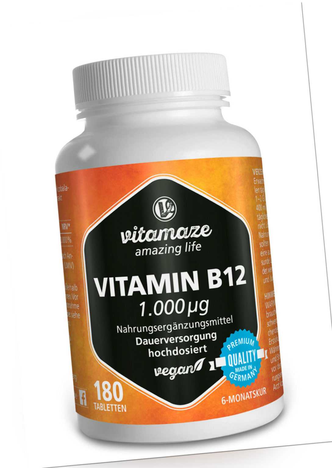 (€37,71/100g) Vitamin B12 hochdosiert 180 Tabletten Methylcobalamin vegan