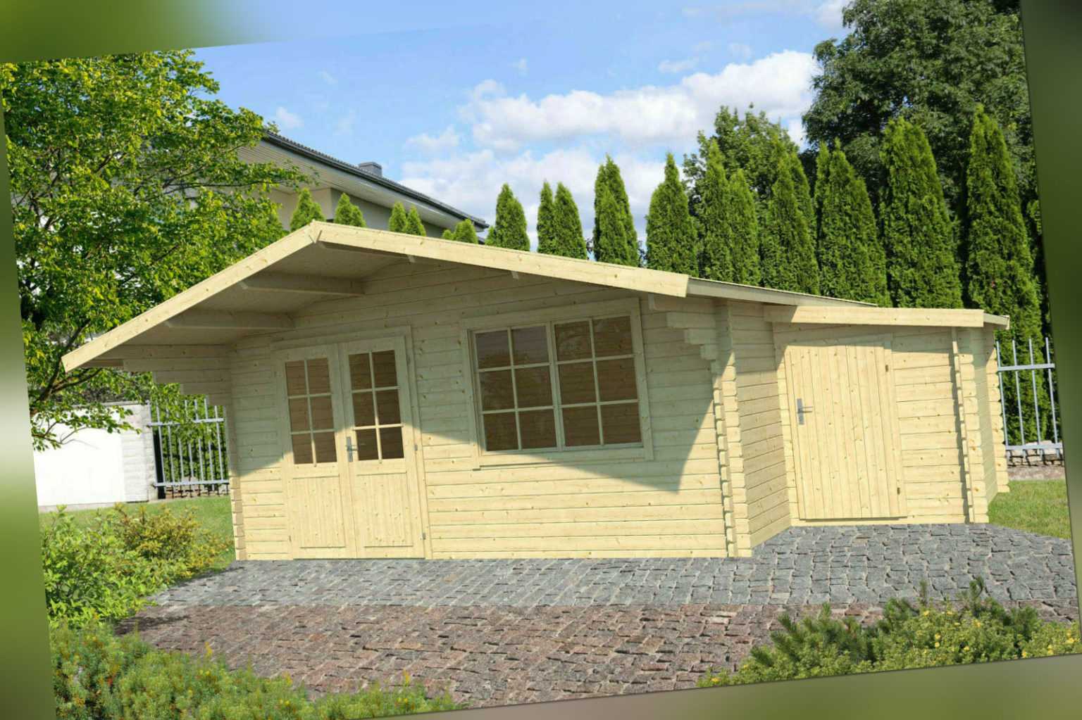 40 mm Gartenhaus 505 x 410 cm + ANBAUSCHUPPEN Holzhaus Blockhaus Gerätehaus Holz