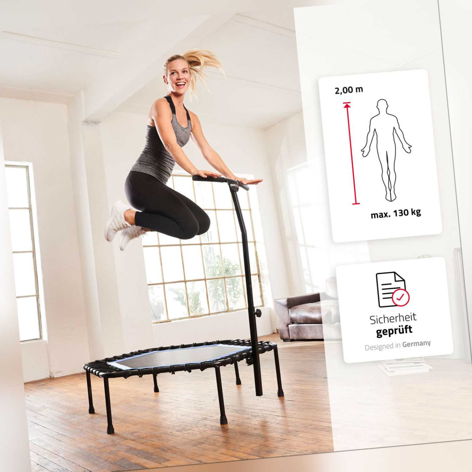 SportPlus Fitness Trampolin Minitrampolin mit Haltegriff Trampoline Indoor 110cm