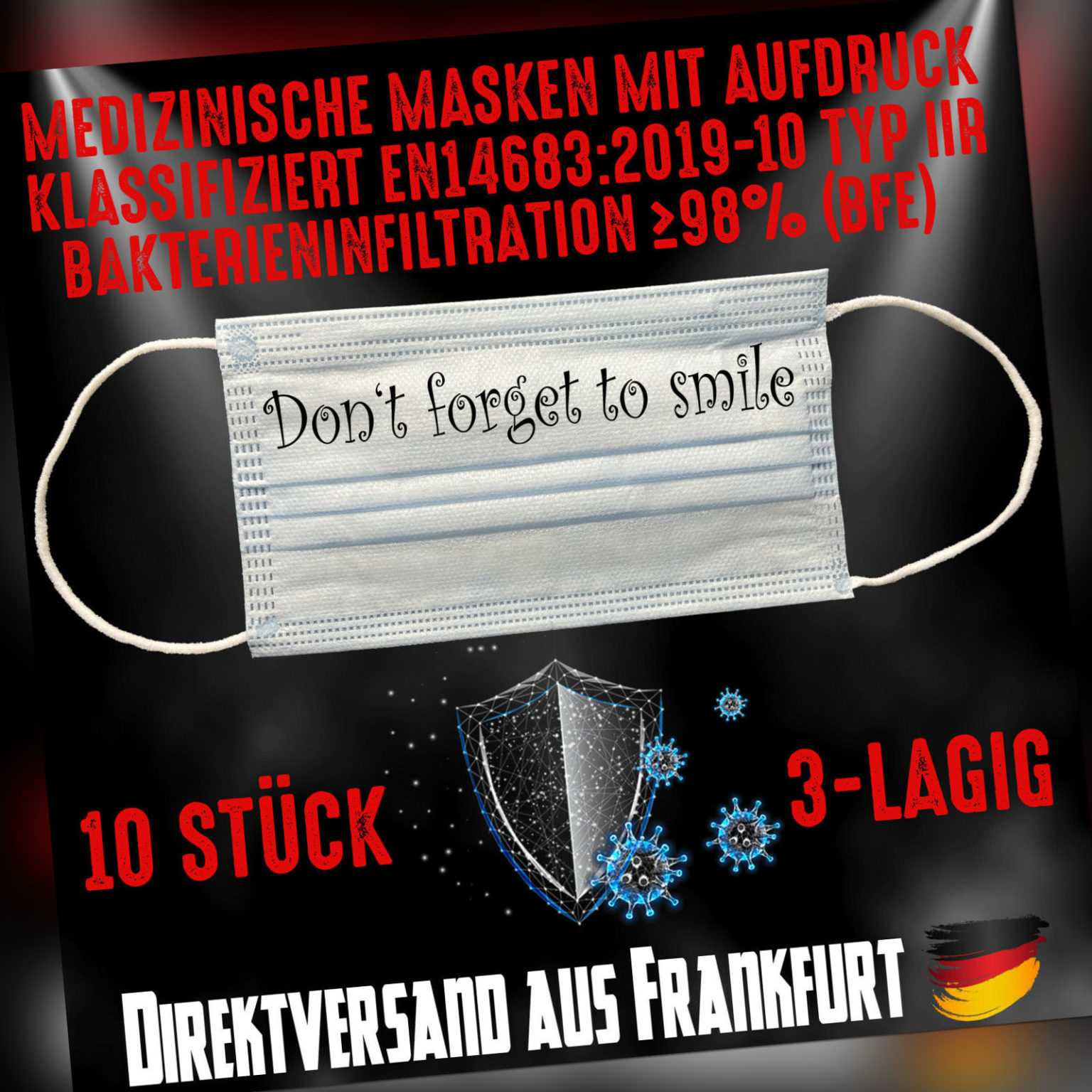 10 Stück Medizinische Masken EN14683:2019-10 Typ IIR Don't forget to smile