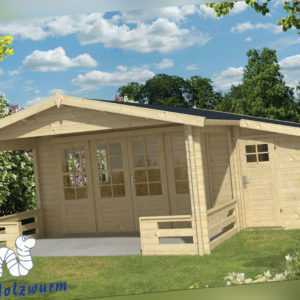 Gartenhaus Manchester ISO Blockhaus 594x663 cm Holzhaus 58mm Terrasse + Anbau