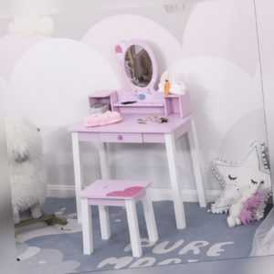 HOMCOM Kids Wooden Dressing Table and Stool Make Up Desk (Pink)