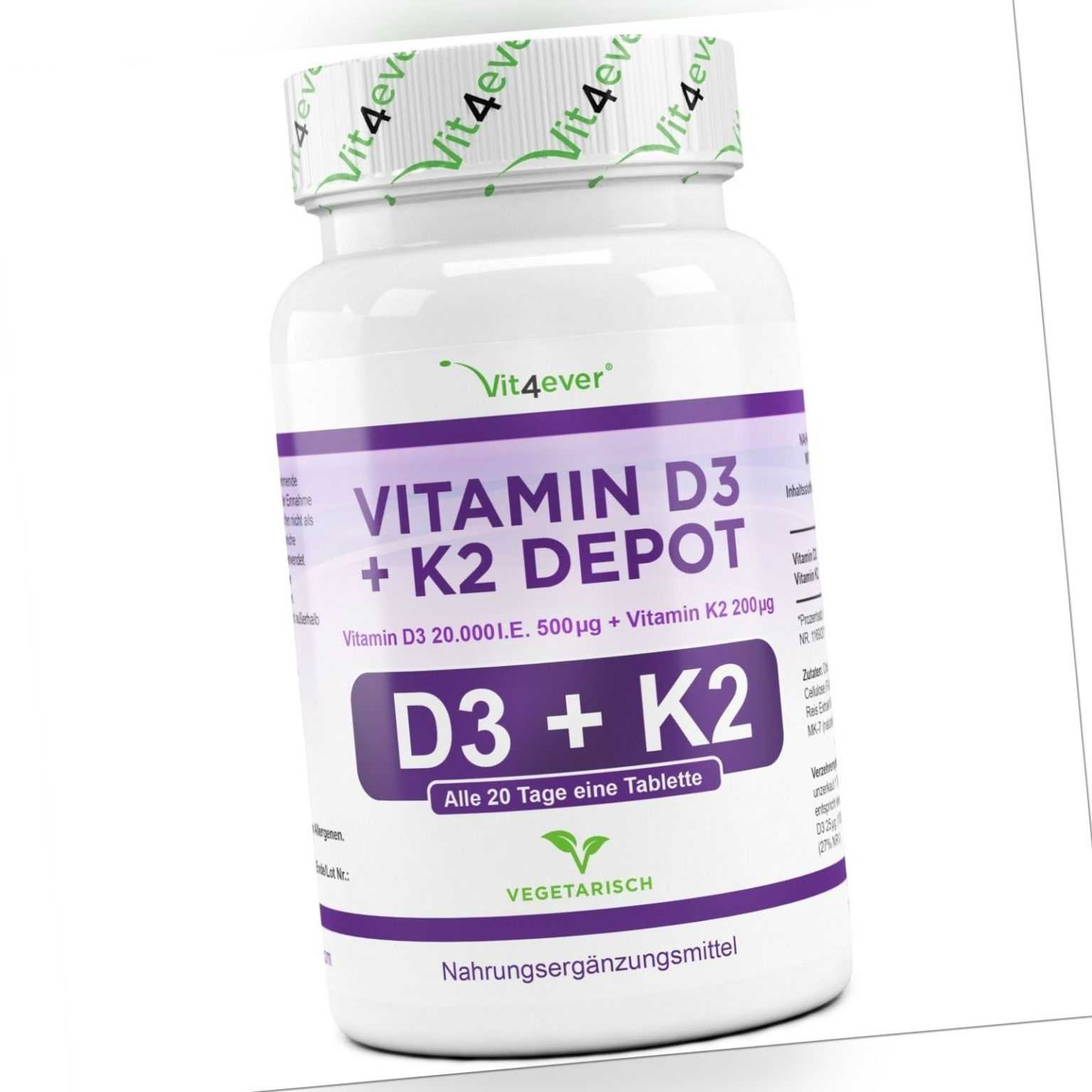 Vitamin D3 20.000 I.E. + Vitamin K2 200mcg 180 Tabletten MK-7 Menachinon-7 IE IU