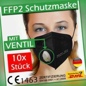 10x FFP2 Maske mit Ventil Filter ✅ 10 Stück Atemschutzmaske schwarz weiß EU CE ⭐